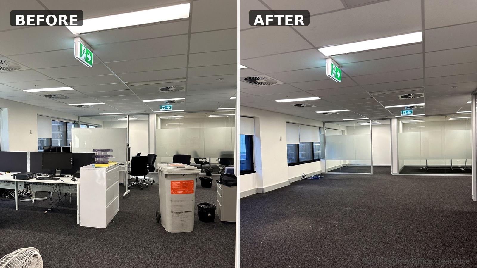 Before and after comparison of a North Sydney commercial office clearance