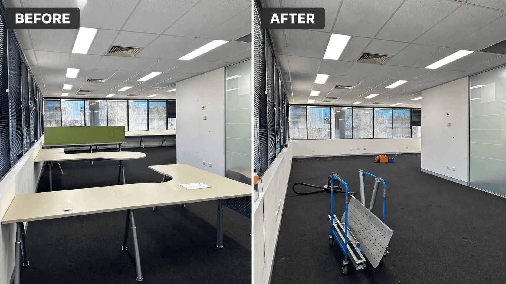 Commercial office workstations inspected and cleared during a commercial tenancy exit in Sydney